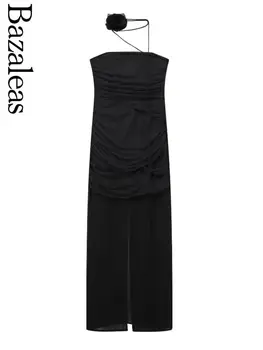 Официален Интернет магазин Bazaleas Трафика на Елегантна Вечерна рокля без ръкави, Сексуална Цвете колиета, Черна рокля, плътно Прилепнали Дълги рокли
